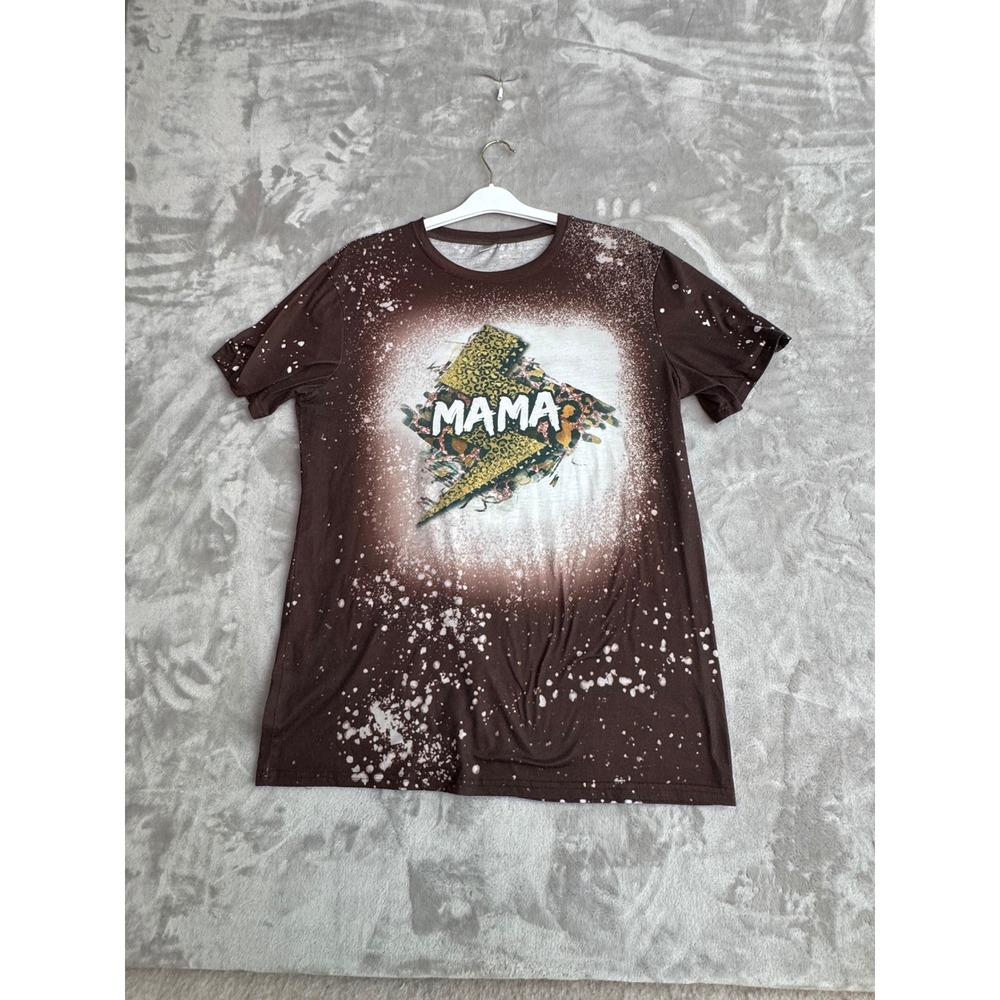 Terries Tidbits Mama Leopard Lightning Bolt Bleached Graphic Tee Brown Large